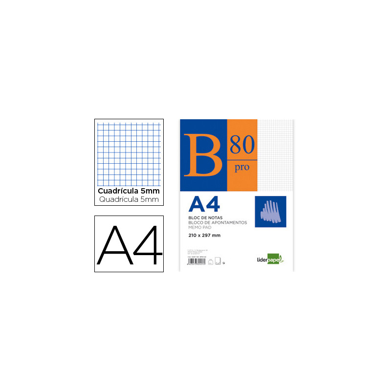 Bloc notas liderpapel cuadro 5mm a4 80 hojas 60g/m2 encolado 4 taladros doble margen