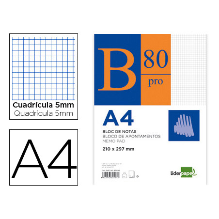 Bloc notas liderpapel cuadro 5mm a4 80 hojas 60g/m2 encolado