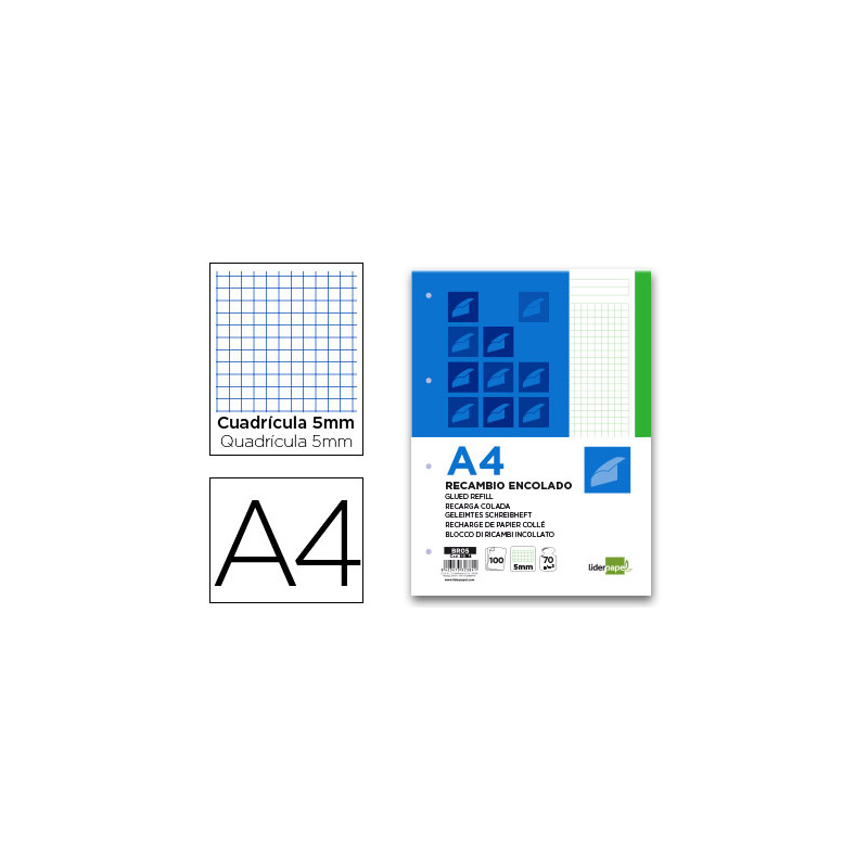 Bloc encolado liderpapel cuadro 5mm verde a4 natural 100 hojas 70 g/m2