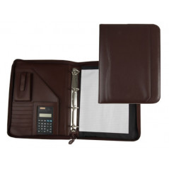 Carpeta portafolios q-connect cremallera 4 anillas 40 mm concalculadora con bolsa para movil color marron 260x355 mm
