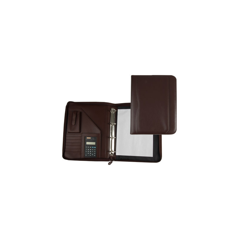 Carpeta portafolios q-connect cremallera 4 anillas 40 mm concalculadora con bolsa para movil color marron 260x355 mm