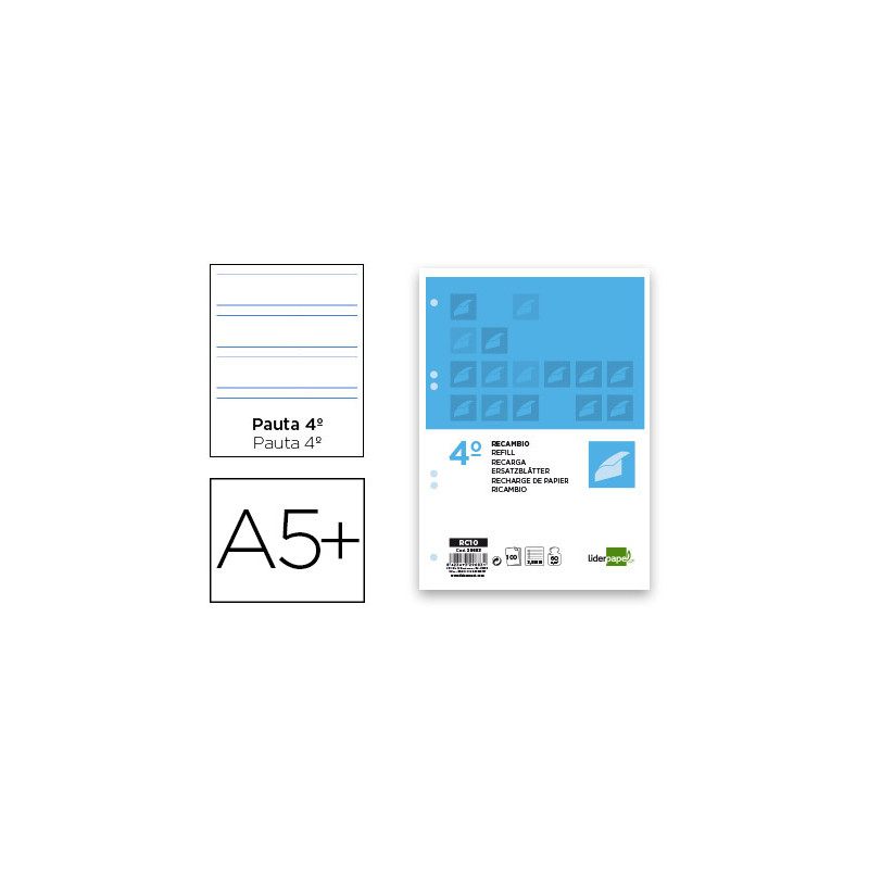 Recambio liderpapel cuarto 100 hojas 60gr pauta 4ª 3.5mm con margen 6 taladros
