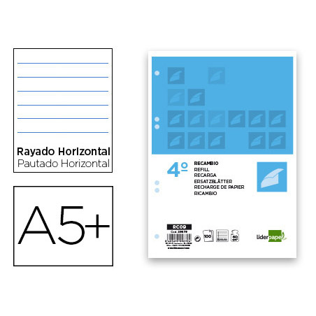 Recambio liderpapel cuarto 100 hojas 60g/m2 horizontal con m argen 6 taladros