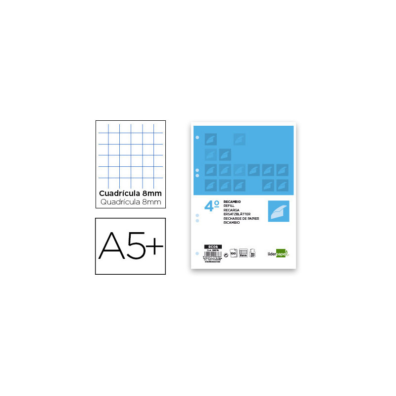 Recambio liderpapel cuarto 100 hojas 60gr cuadro 8mm con margen 6 taladros