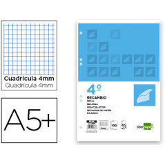 Recambio liderpapel cuarto 100 hojas 60g/m2 cuadro 4mm con margen 6 taladros