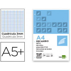 Recambio liderpapel cuarto 100 hojas 60g/m2 cuadro 3mm con m argen 6 taladros