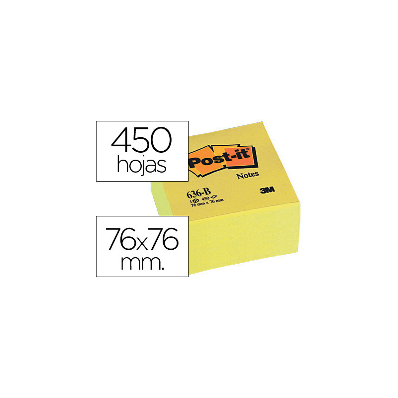 Bloc de notas adhesivas quita y pon post-it 76x76x45 mm cubo colores amarillo 450 hojas