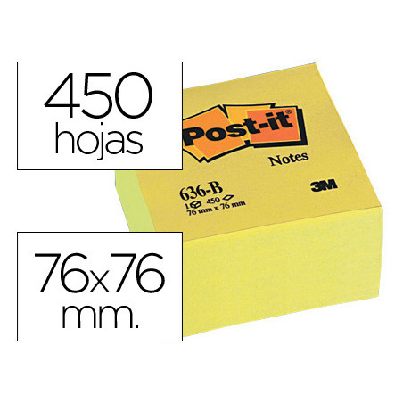 Bloc de notas adhesivas quita y pon post-it 76x76x45 mm cubo color amarillo 450 hojas