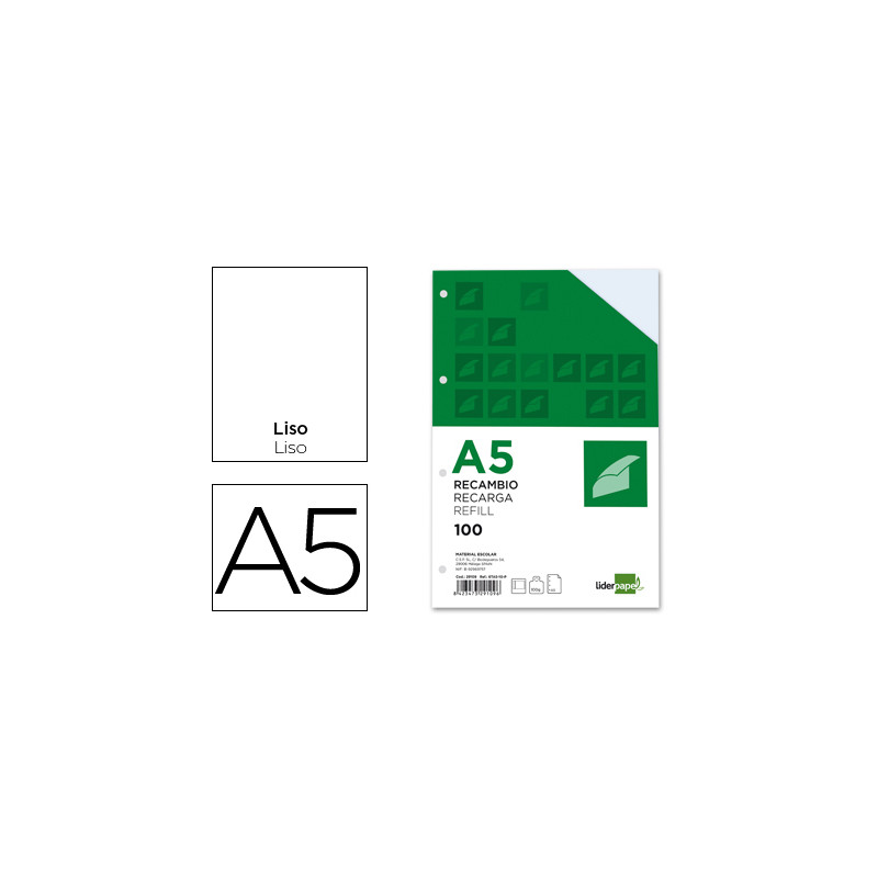 Recambio liderpapel a5 100h 100gr liso doble margen 6 taladros