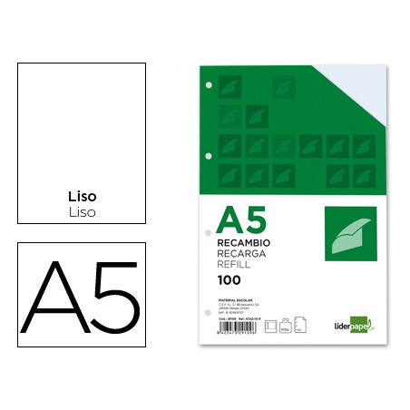 Recambio liderpapel din a5 100 h liso 6 taladros con margen papel 100 gramos