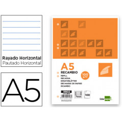 Recambio liderpapel din a5 100 h 100g/m2 horizontal con margen 6 taladros