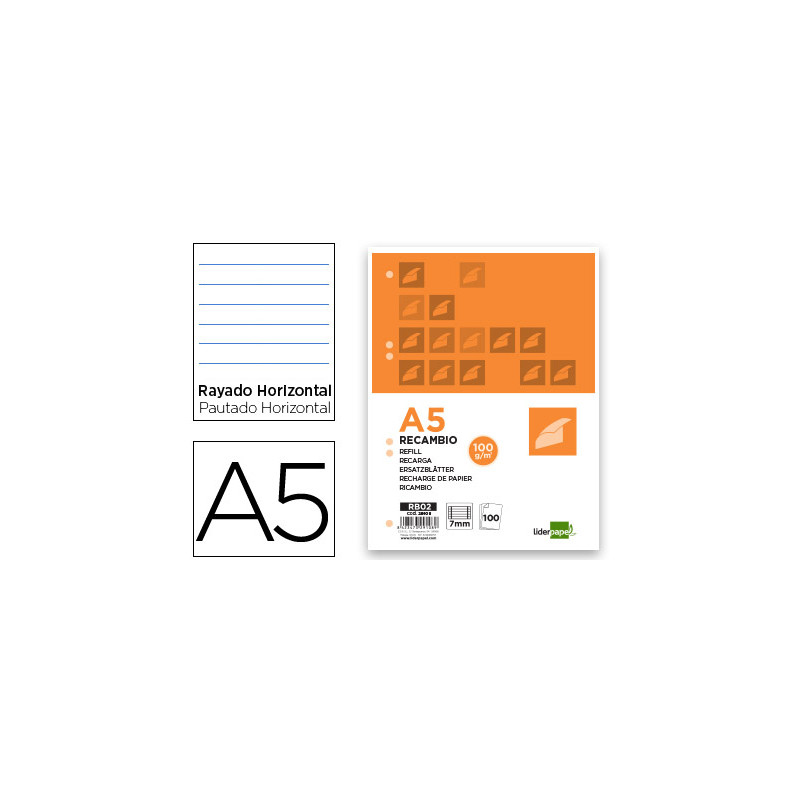 Recambio liderpapel a5 100 h 100g/m2 horizontal doble margen 6 taladros