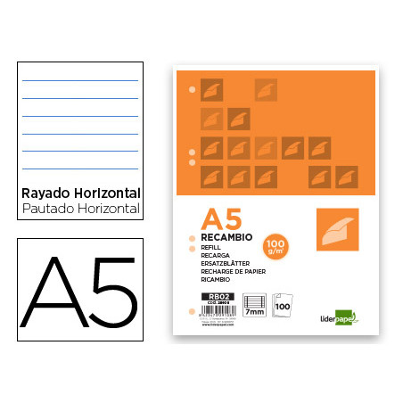 Recambio liderpapel din a5 100 h 100g/m2 horizontal con margen 6 taladros