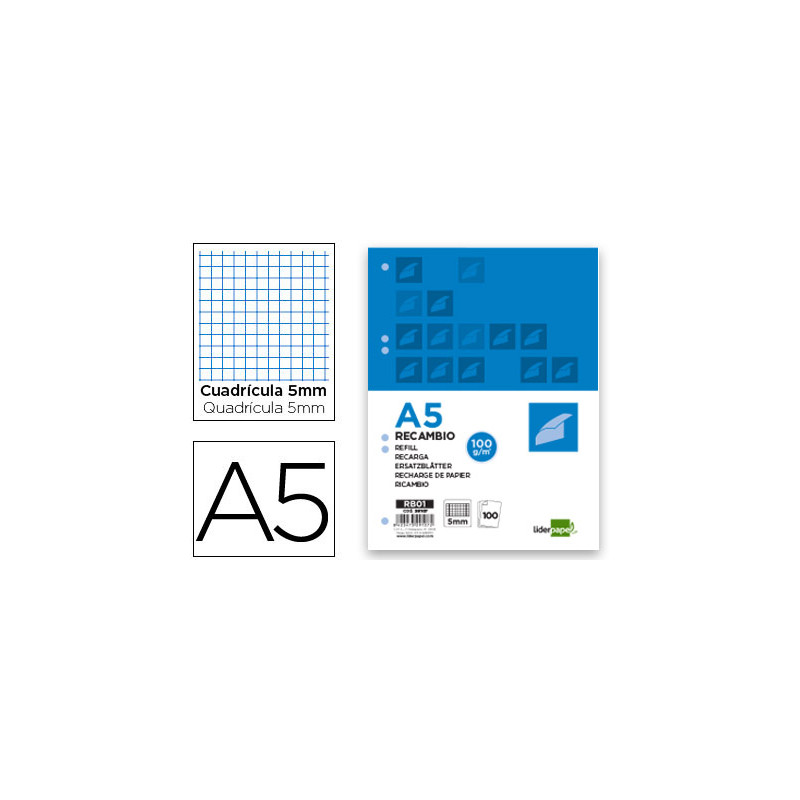 Recambio liderpapel a5 100 h 100gr cuadro 5mm con m argen 6 taladros