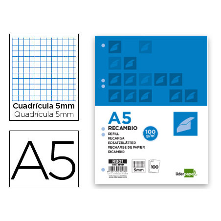 Recambio liderpapel din a5 100 h 100g/m2 cuadro 5mm con margen 6 taladros