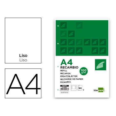 Recambio liderpapel a4 100 hojas 100g/m2 liso con margen 4 taladros