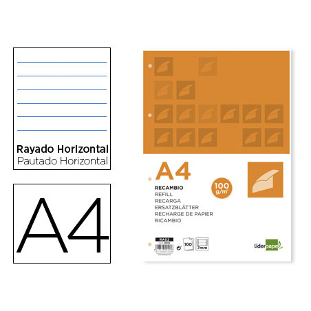 Recambio liderpapel a4 100 hojas 100g/m2 horizontal con doble margen 4 taladros