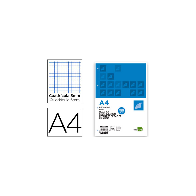 Recambio liderpapel a4 100 hojas 100g/m2 cuadro 5mm con doble margen 4 taladros