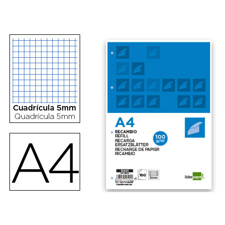 Recambio liderpapel a4 100 hojas 100g/m2 cuadro 5mm con margen 4 taladros