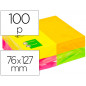 Bloc de notas adhesivas quita y pon q-connect 127x76 mm con 100hojas fluorescentes pack de 12 -surtidas en 4 colores