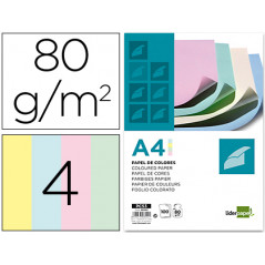 Papel color liderpapel a4 80g/m2 4 colores surtidos paquete de 100 hojas