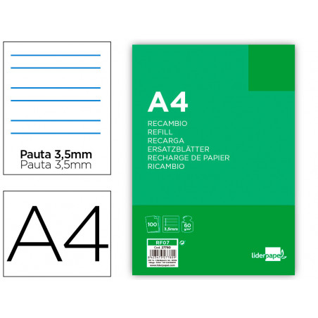 Recambio liderpapel a4 100 hojas 60g/m2pauta 4ª 3.5mm con margen 4 taladros
