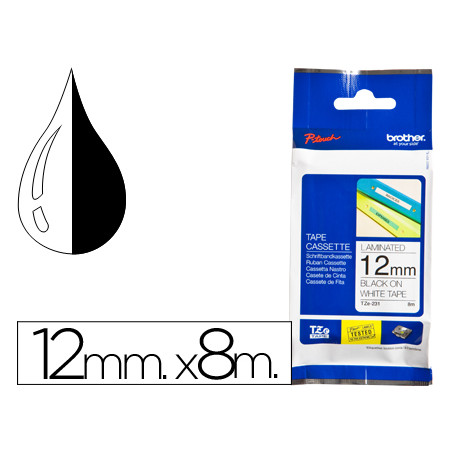 Cinta brother tze-231 blanco-negro 12mm longitud 8 mt