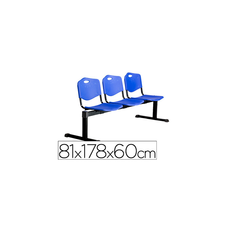 Bancada pyc de espera estructura hierro negro tres asientos y respaldo pvc 810x1780x600 mm azul