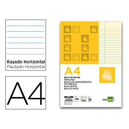 Bloc notas liderpapel horizontal a4 50 hojas amarillas 60g/m2 encolado