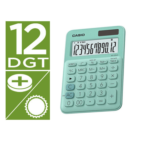 Calculadora casio ms-20uc-gn sobremesa 12 dígitos tax +/- color verde