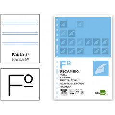 Recambio liderpapel folio 100 hojas 60g/m2 pauta 5ª 2.5mm con margen 16 taladros