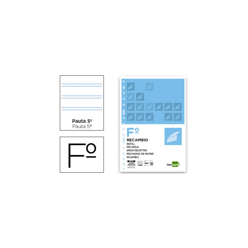 Recambio liderpapel folio 100 hojas 60gr pauta 5ª 2.5mm con margen 16 taladros