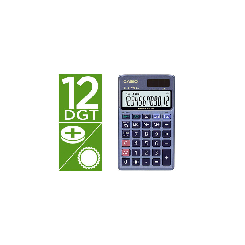 Calculadora casio sl-320ter bolsillo 12 dígitos tax +/- conversion moneda tecla doble cero color azul