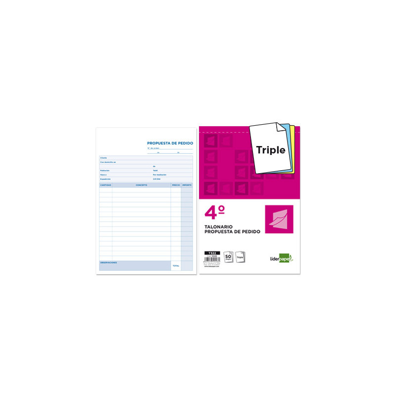 Talonario liderpapel pedidos cuarto original y 2 copias t322