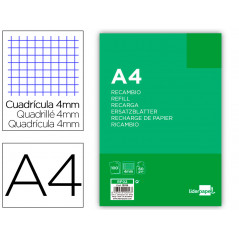 Recambio liderpapel a4 100 hojas 60g/m2 cuadro 4mm con margen sin taladros
