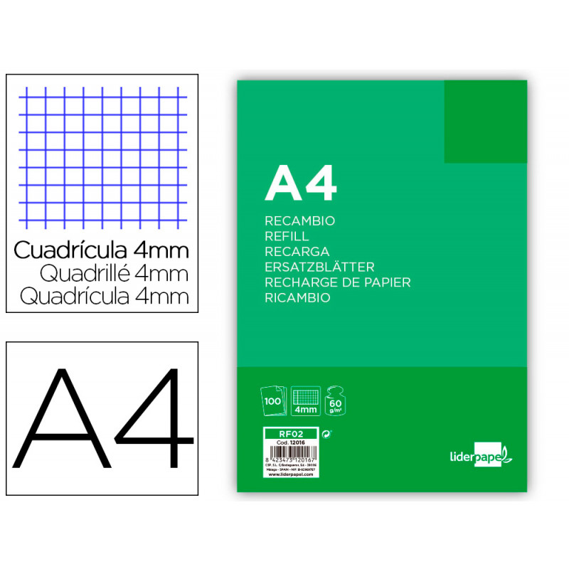 Recambio liderpapel a4 100 hojas 60gr cuadro 4mm con margen sin taladros