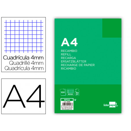 Recambio liderpapel a4 100 hojas 60g/m2 cuadro 4mm con margen sin taladros