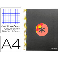 Cuaderno espiral liderpapel a4 micro antartik tapa forrada120h 100 gr cuadro 5 banda 4 taladros trending negro