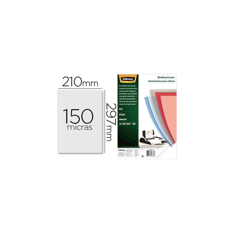 Tapa de encuadernacion fellowes din a4 pvc 150 micras transparente pack de 100 unidades