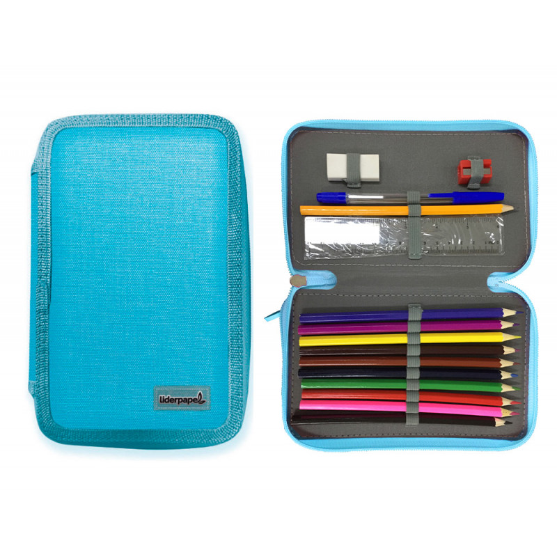 Plumier escolar liderpapel cuatro cremalleras color celeste 65 piezas