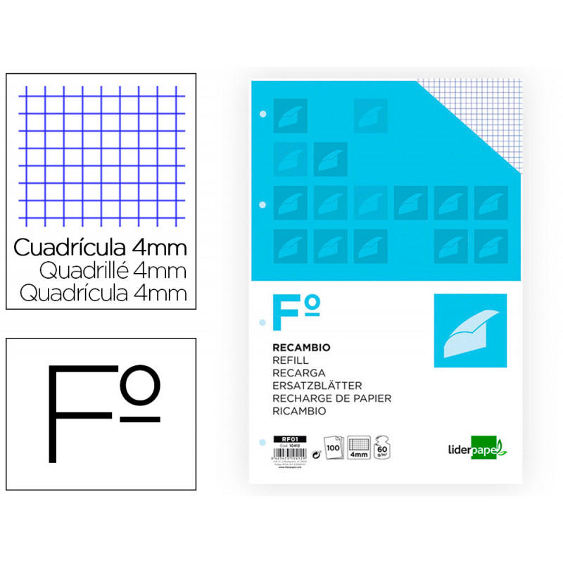 Recambio liderpapel a4 100 hojas 60g/m2 cuadro 4 mm con margen 4 taladros