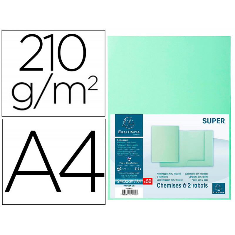 Subcarpeta cartulina con 2 solapas exacompta din a4 gama super verde claro 210 gr