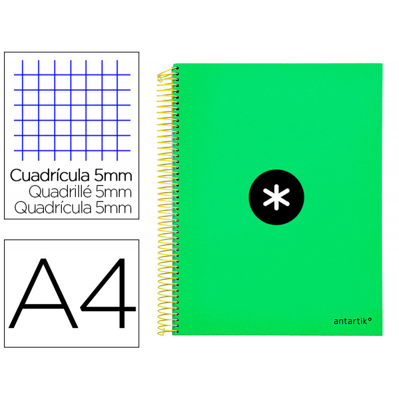 Cuaderno espiral liderpapel a4 micro antartik tapa forrada 120h 100 gr cuadro5mm 5 bandas 4 taladros color verde