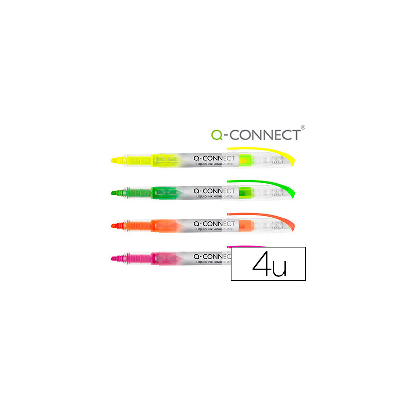 Rotulador q-connect fluorescente punta biselada tinta liquida bolsa de 4 unidades colores surtidos