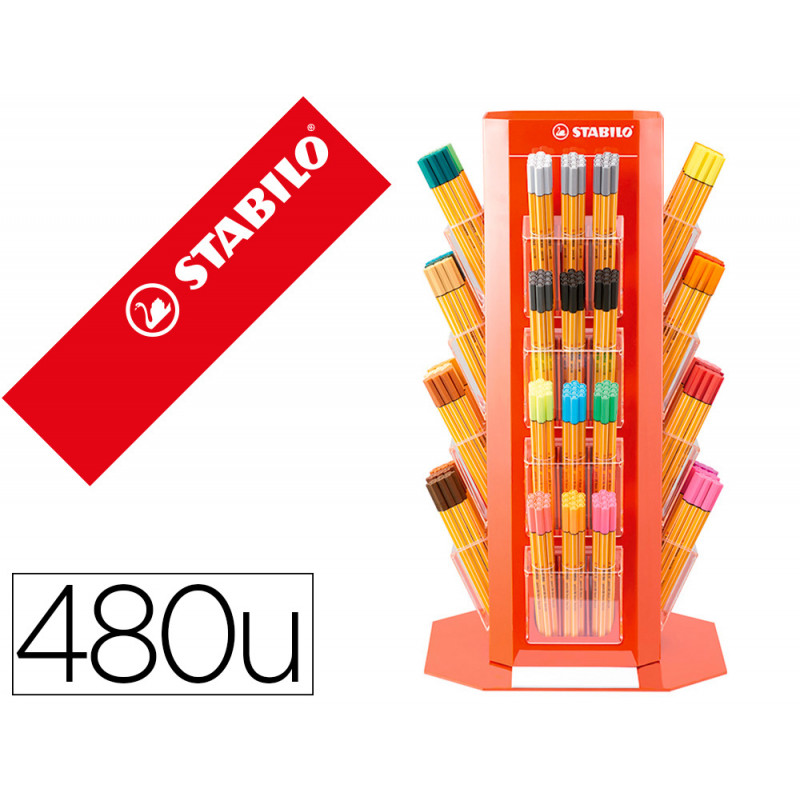 Rotulador stabilo point 88 / acuarelable pen 68 expositor giratorio de 480 unidades colores surtidos