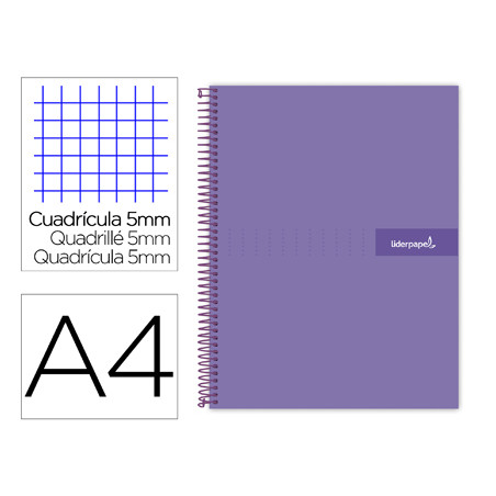 Cuaderno espiral liderpapel a4 micro crafty tapa forrada 120h 90gr cuadro 5mm 5 bandas 4 taladros color violeta