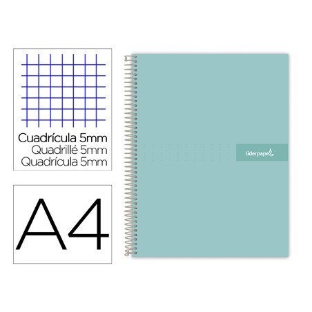 Cuaderno espiral liderpapel a4 micro crafty tapa forrada 120h 90gr cuadro 5mm 5 bandas 4 taladros color turquesa