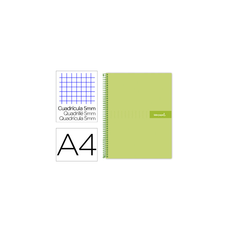 Cuaderno espiral liderpapel a4 micro crafty tapa forrada 120h 90 gr cuadro 5mm 5 bandas 4 colores color verde