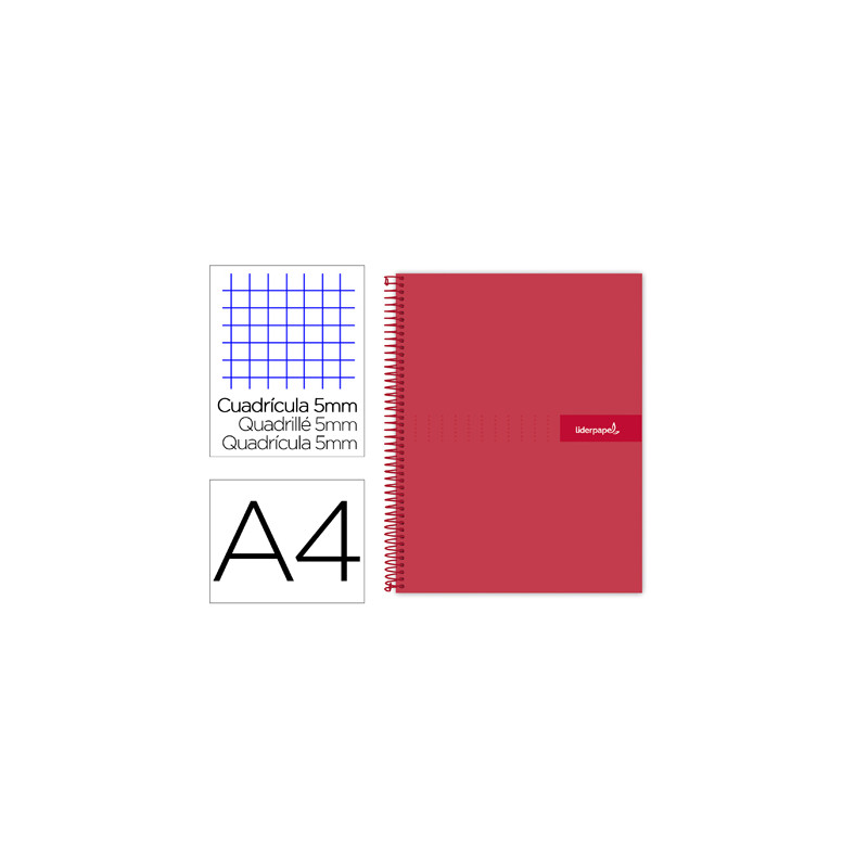 Cuaderno espiral liderpapel a4 micro crafty tapa forrada 120h 90 gr cuadro 5mm 5 bandas 4 colores color rojo