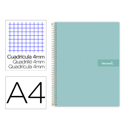 Cuaderno espiral liderpapel a4 crafty tapa forrada 80h 90 gr cuadro 4mm con margen color turquesa